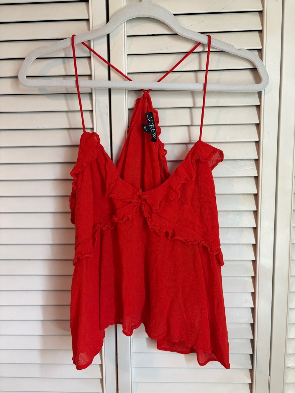 J. Crew Medium Bright Red Orange Ruffle Cami Spaghetti Straps Crinkle Tank